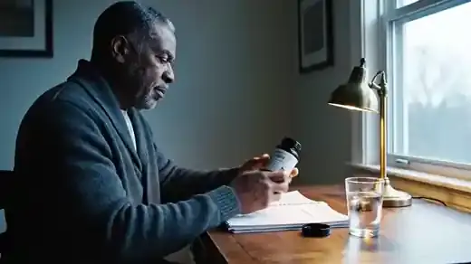 A man in his sixties at a desk under a small lamp reading the label of a small dark bottle beside a glass of water
