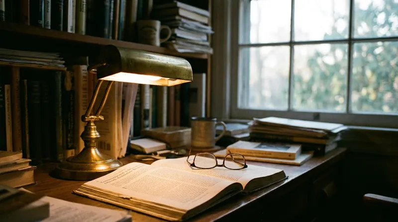 A brass desk lamp lighting an open printed article and reading glasses on a wooden desk