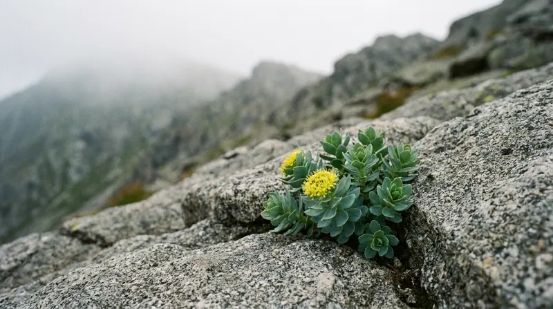 A rhodiola plant with yellow flowers growing between rocks on a mountain slope