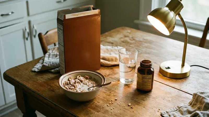 A bowl of frosted cereal beside its box, a glass of water, a small dark bottle and a lit desk lamp on a kitchen table