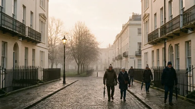 A quiet street of pale Regency townhouses with a lit lamp post in an English spa town at dawn