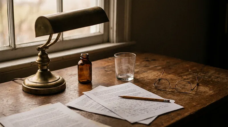 A desk at dusk with a switched-off lamp, a small dark bottle, an empty glass, a printed study with a pencil and reading glasses