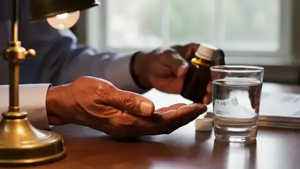 A man's hands tipping two capsules from a small bottle under a desk lamp beside a glass of water and a printed sheet