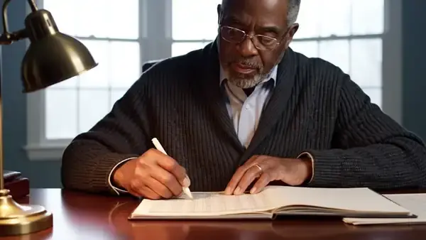 A man in his sixties reading a printed study under a desk lamp and marking a line in the margin with a pencil