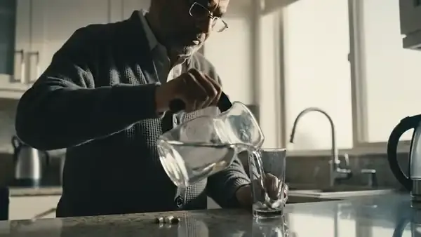 A man in his sixties swallowing two capsules with a tall glass of water and switching off a small lamp as morning comes