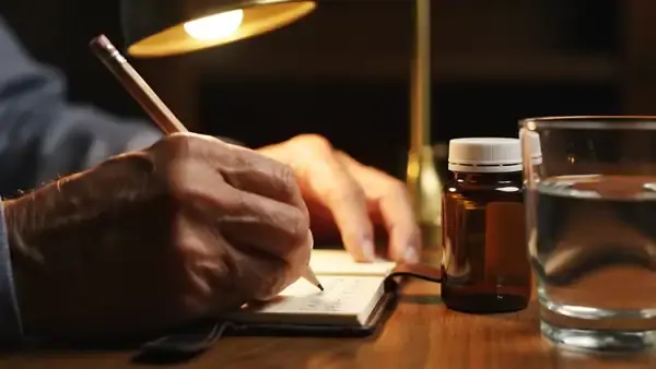 A man's hands writing a line in a small notebook under a desk lamp beside a small dark bottle and a glass of water