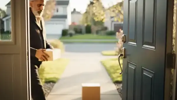 A man in his sixties picking up a small cardboard parcel from his doorstep in the morning